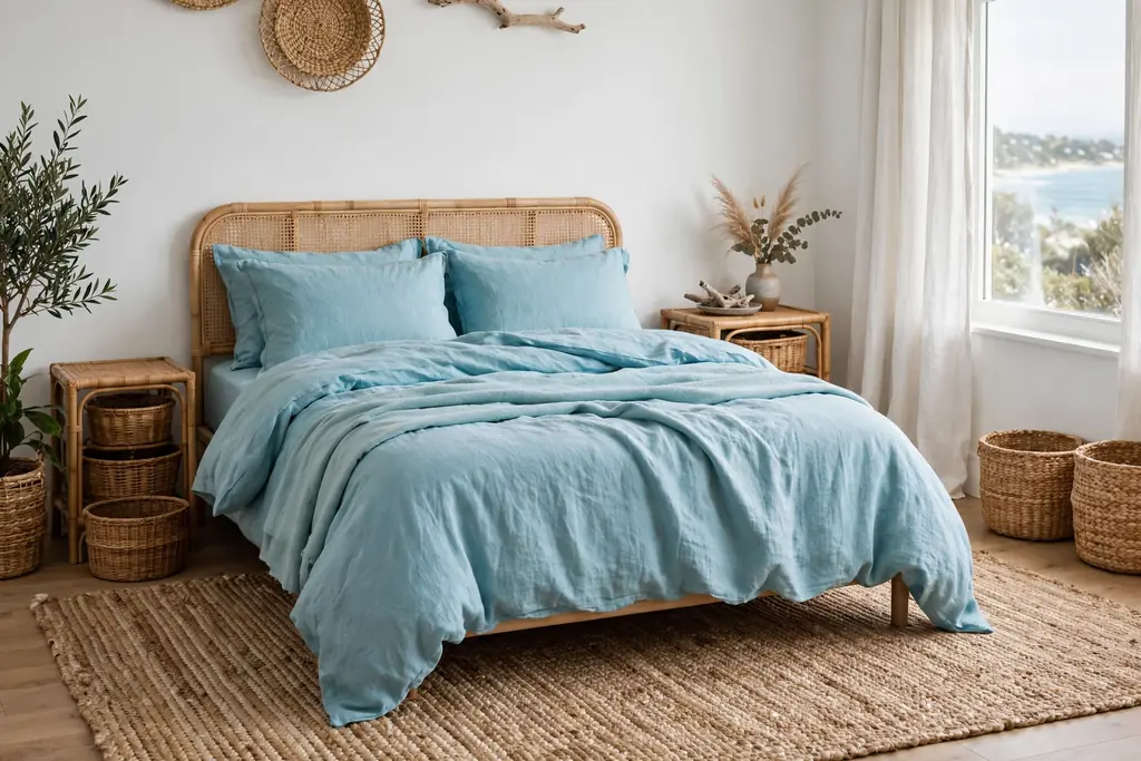 Coastal bedroom with aqua bedding and woven textures.