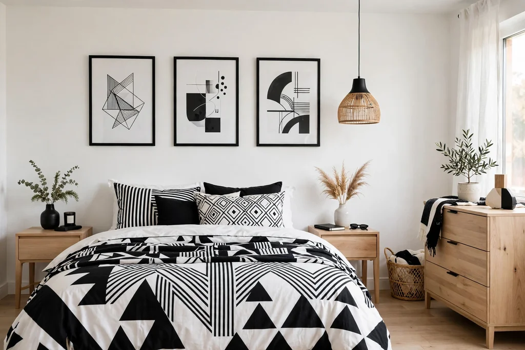 Bedroom with black and white bedding and light wood furniture.