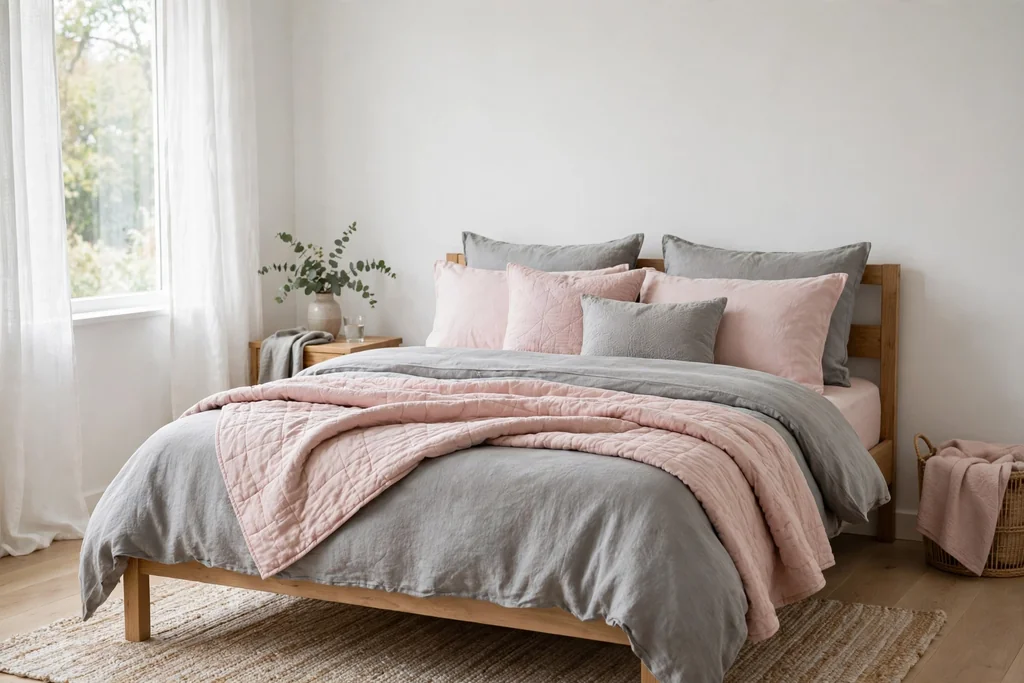 Bed with layered blush pink and soft grey bedding.