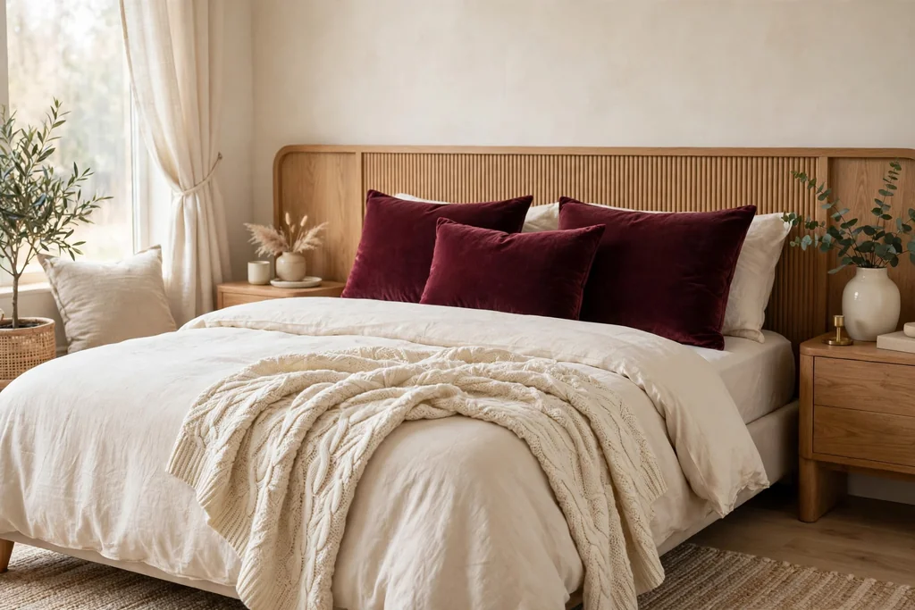 Bed with burgundy velvet cushions and cream bedding.