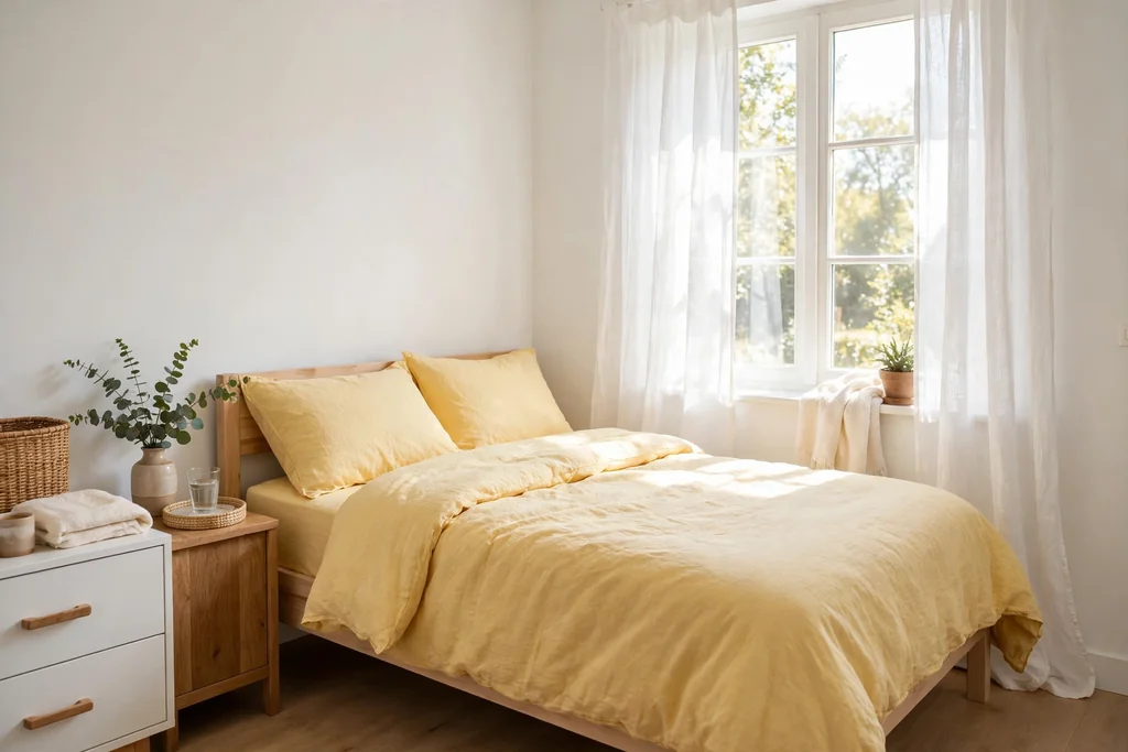 Sunny small bedroom with butter yellow bedding and white walls.