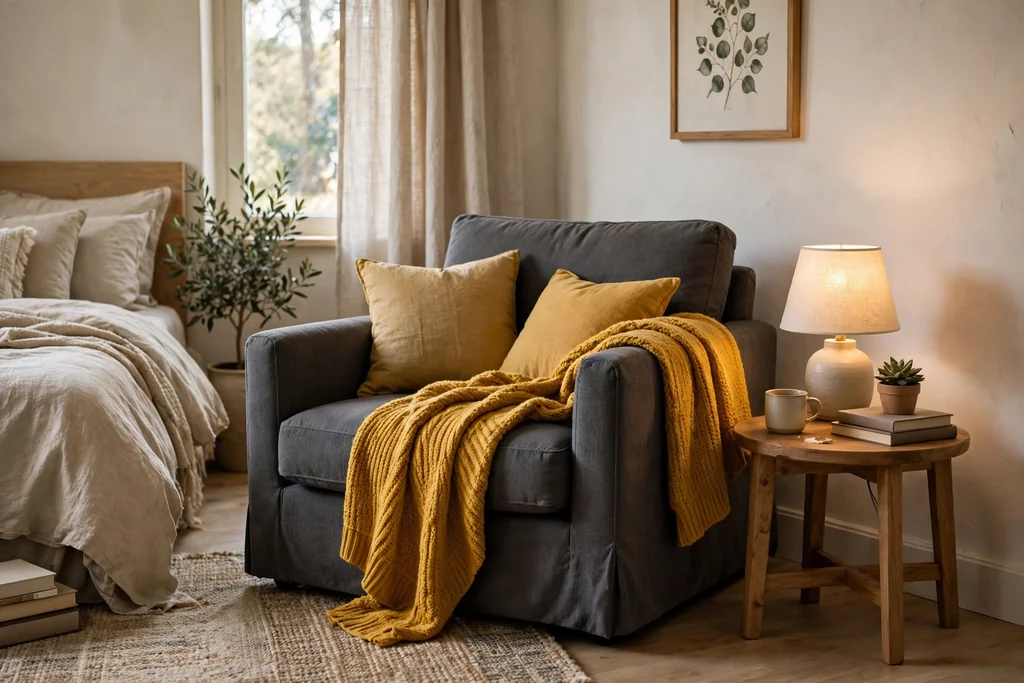 Bedroom reading corner with a charcoal armchair and mustard cushions.