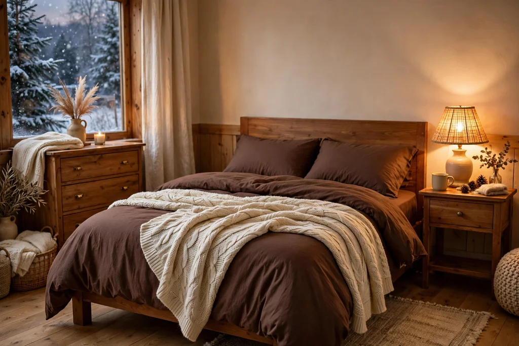 Warm bedroom with chocolate brown bedding and a cream throw.