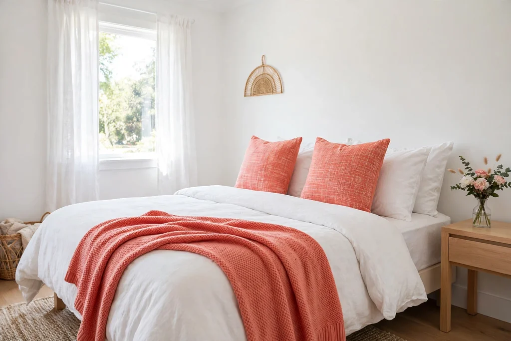 Bright guest bedroom with coral cushions and white bedding.