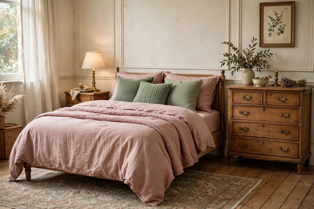 Vintage bedroom with dusty rose bedding and sage cushions.