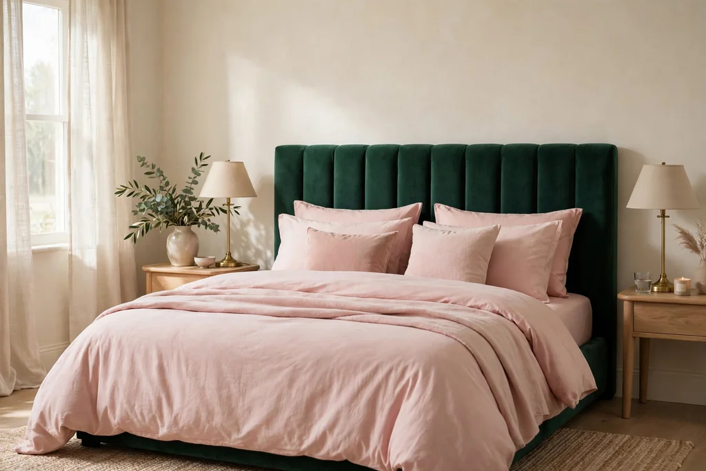 Bedroom with an emerald headboard and blush bedding.