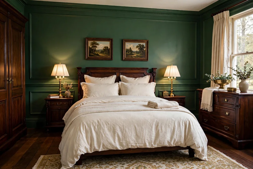 Traditional bedroom with forest green walls and brass lamps.