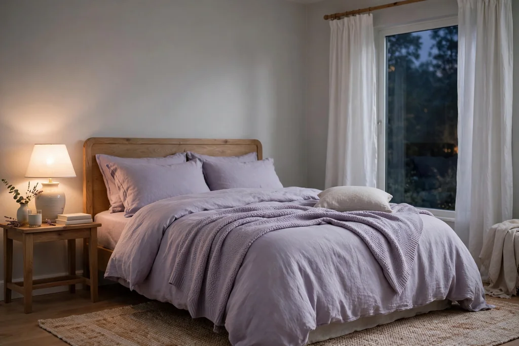 Calm bedroom with lavender bedding and pale grey walls.