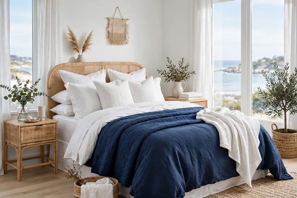 Coastal bedroom with navy blue bedding and white walls.
