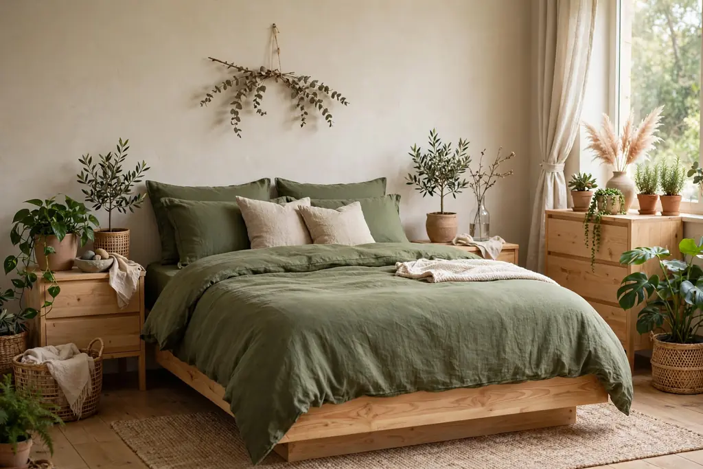 Bedroom with olive green bedding