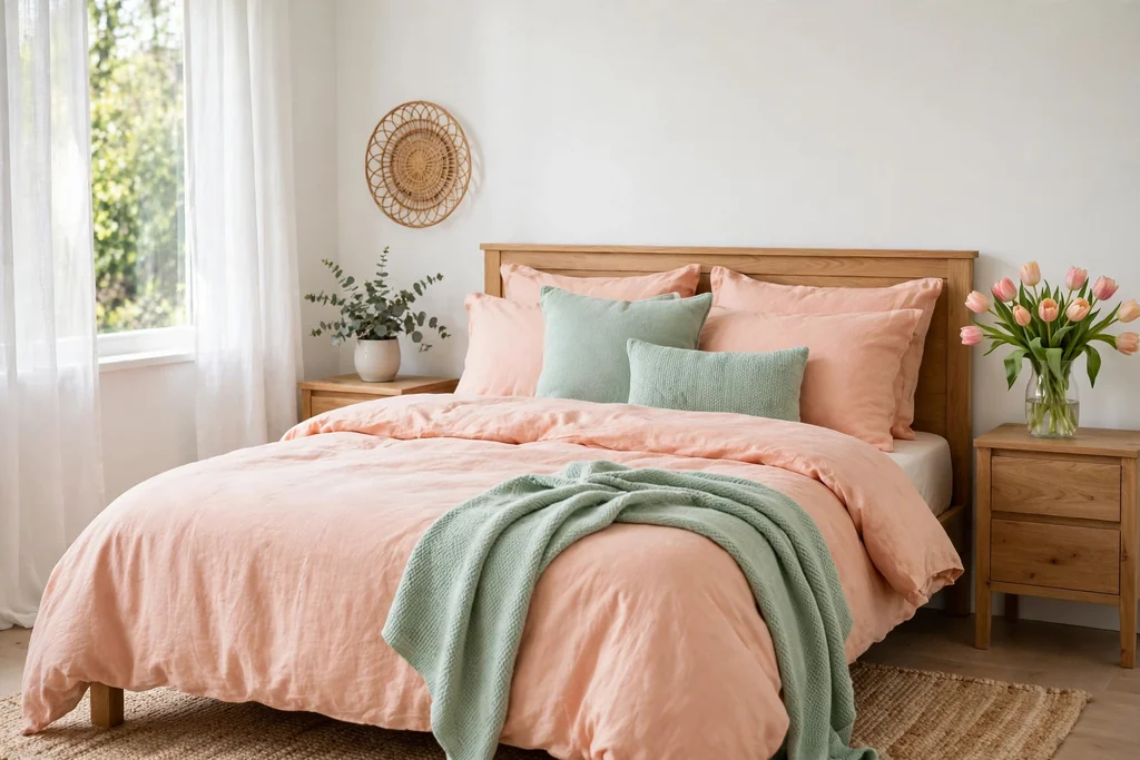 Spring bedroom with peach bedding and mint cushions.