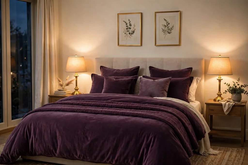 Bedroom in the evening with plum bedding and gold lamps.