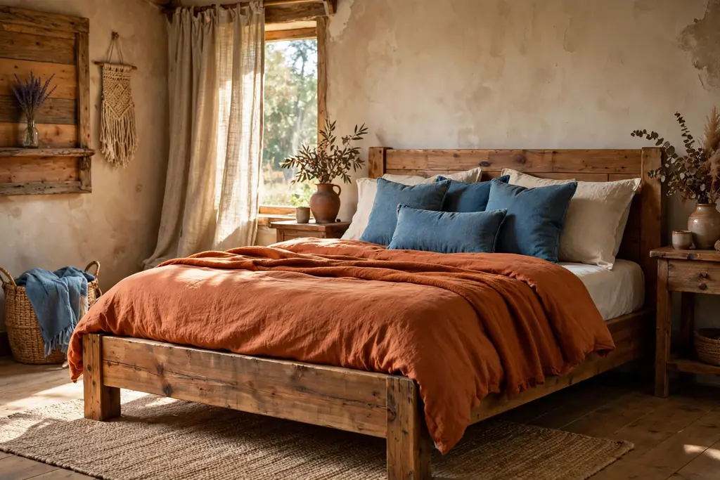 Rustic bedroom with rust bedding and denim blue cushions.