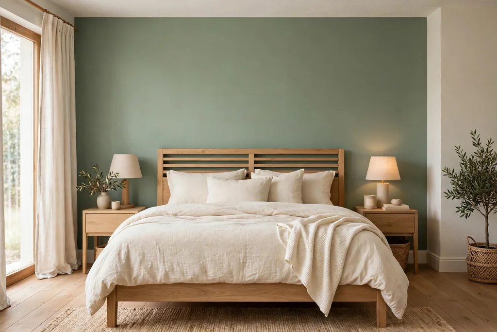 Bedroom with a sage green accent wall behind a light oak bed with cream bedding.