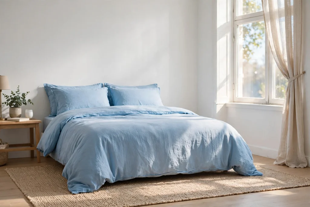 Light bedroom with sky blue bedding and a sandy rug.