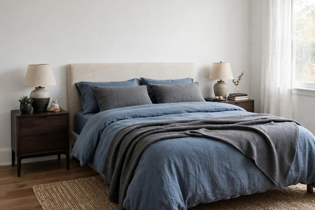 Quiet bedroom with slate blue bedding and a charcoal throw.