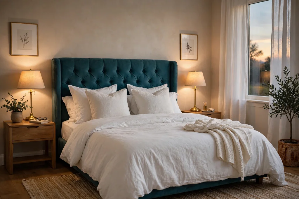 Bedroom with a teal upholstered headboard and gold lamps.