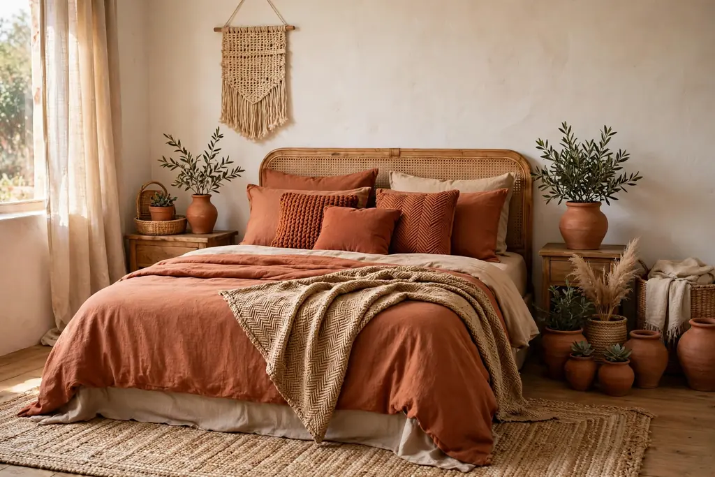 Warm bedroom with terracotta bedding and warm white walls.