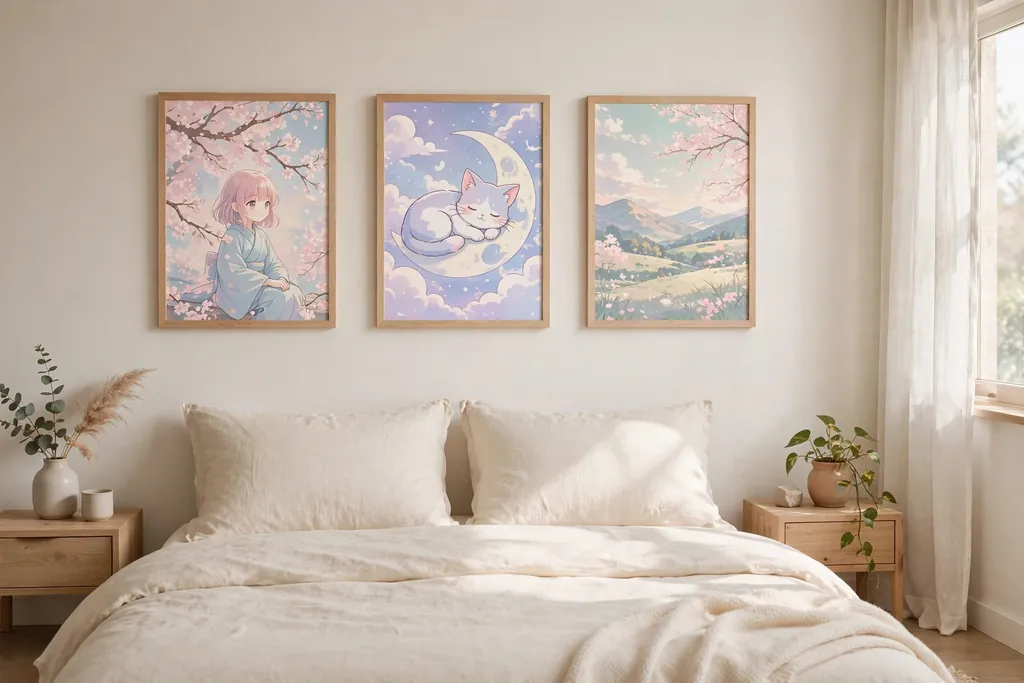 Bedroom wall with pastel anime style posters in matching frames above a bed..