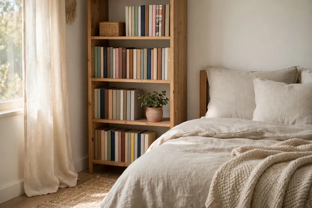 Manga shelf beside a bed with upright volumes and a small plant..