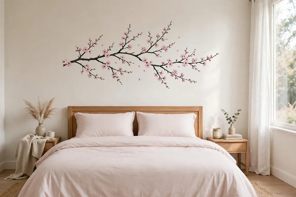 Bedroom wall with a cherry blossom branch decal above a bed with plain bedding..