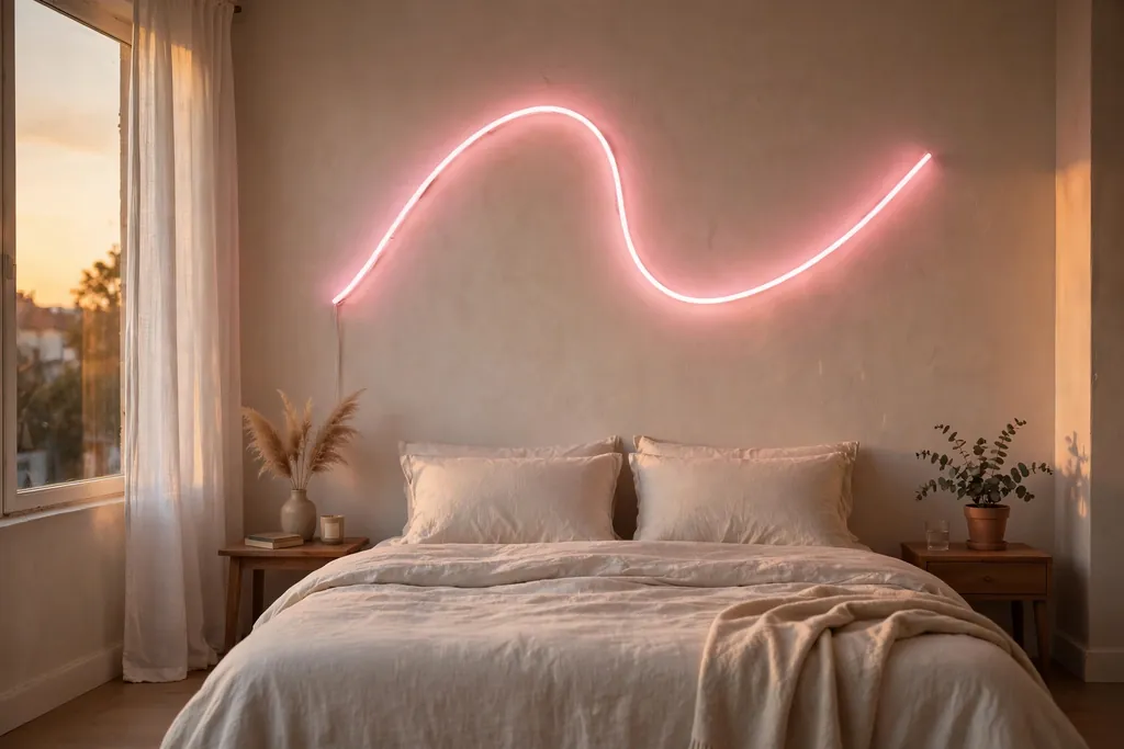 Bedroom with a soft pink neon style word sign glowing above a bed..