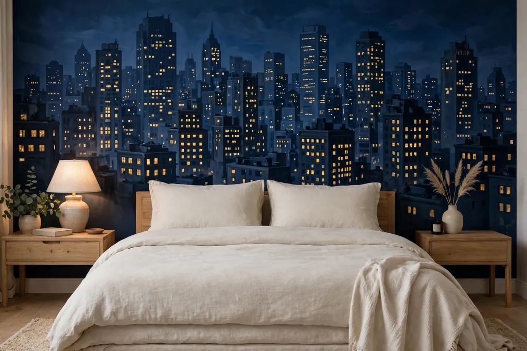 Bedroom wall with a city skyline mural at night behind a bed..