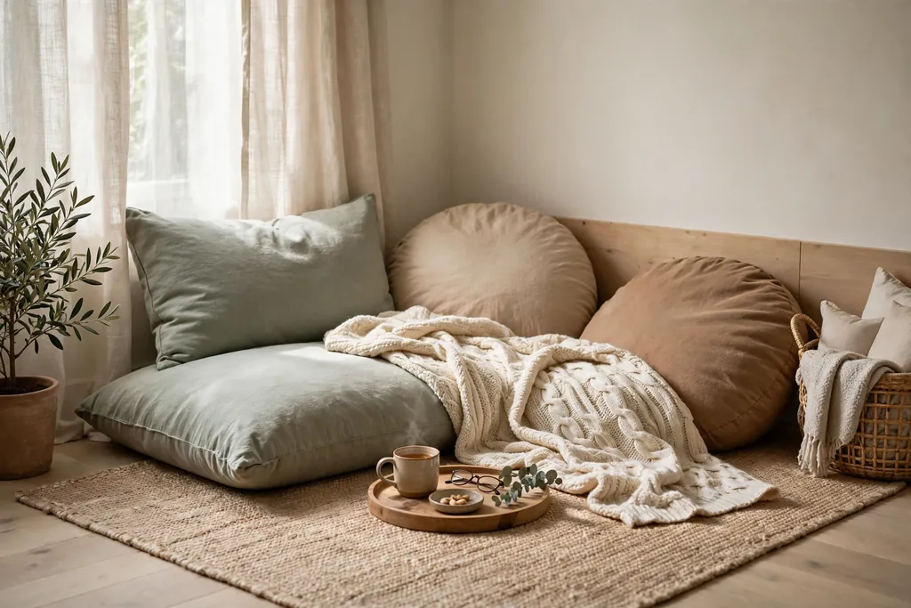 Bedroom corner with floor cushions, a low tray, and a throw for watching..