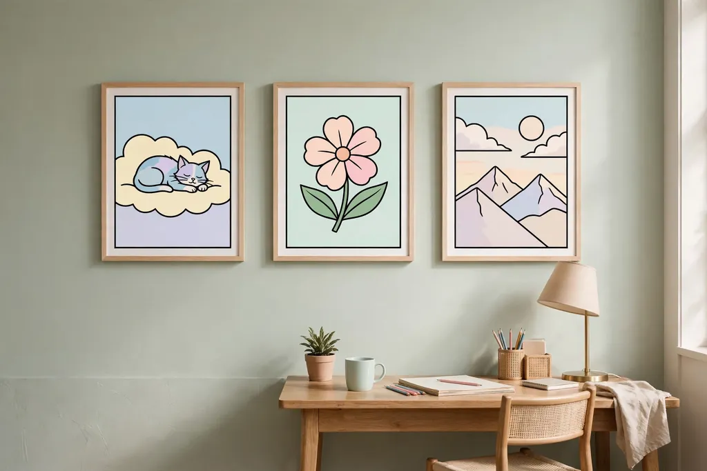 Bedroom wall with framed original cel style art prints above a desk..