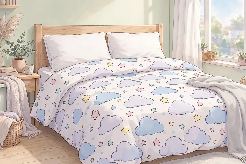 Bed with anime style star and cloud patterned bedding and plain pillows..