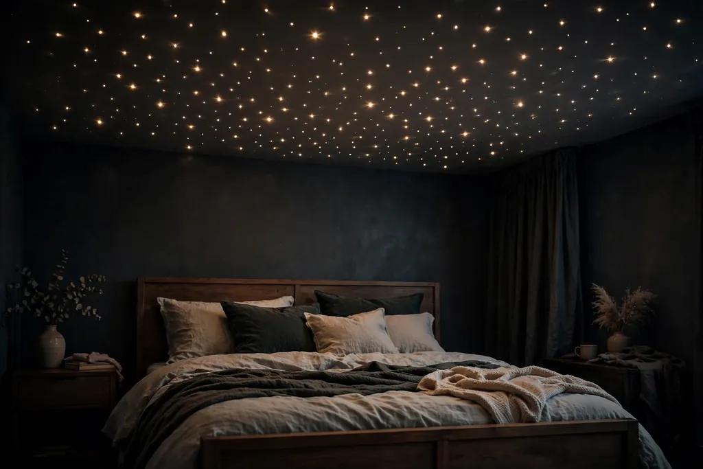 Bedroom ceiling with glowing star dots above a bed at night..