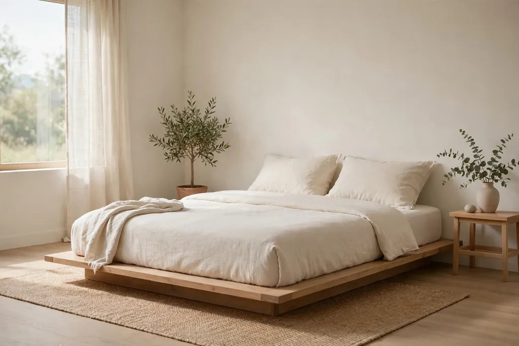 Low wooden platform bed with plain bedding in a calm bedroom..