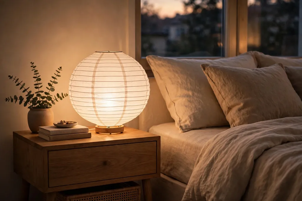 Bedroom nightstand with a glowing paper lantern lamp beside a bed..