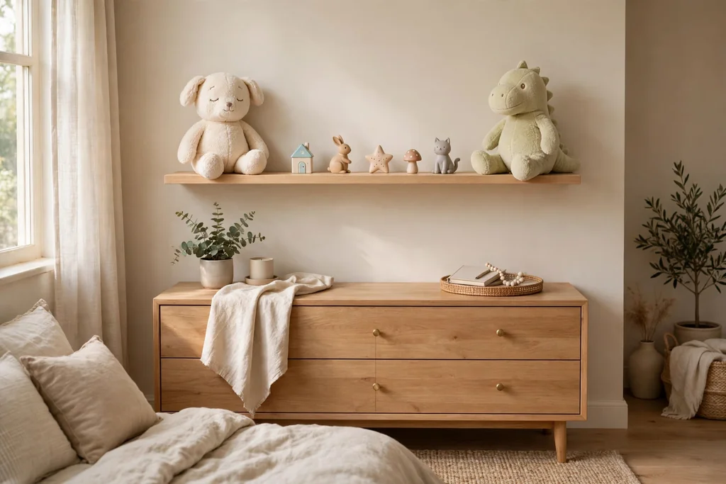 Bedroom shelf displaying plush toys and small figures above a dresser.