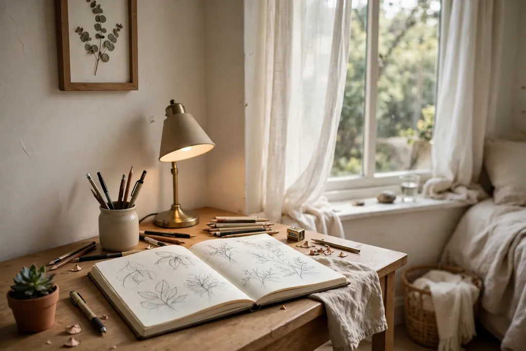 Bedroom desk corner with sketchbook, pens, and a lamp near a window..