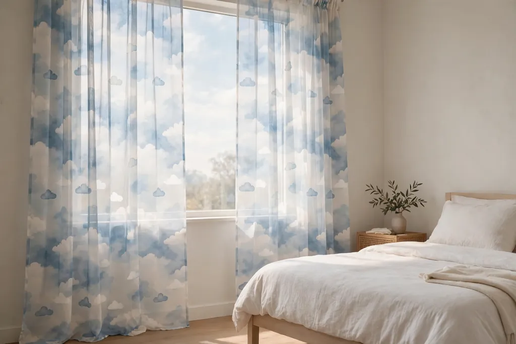 Bedroom window with sheer sky and cloud patterned curtains in daylight..