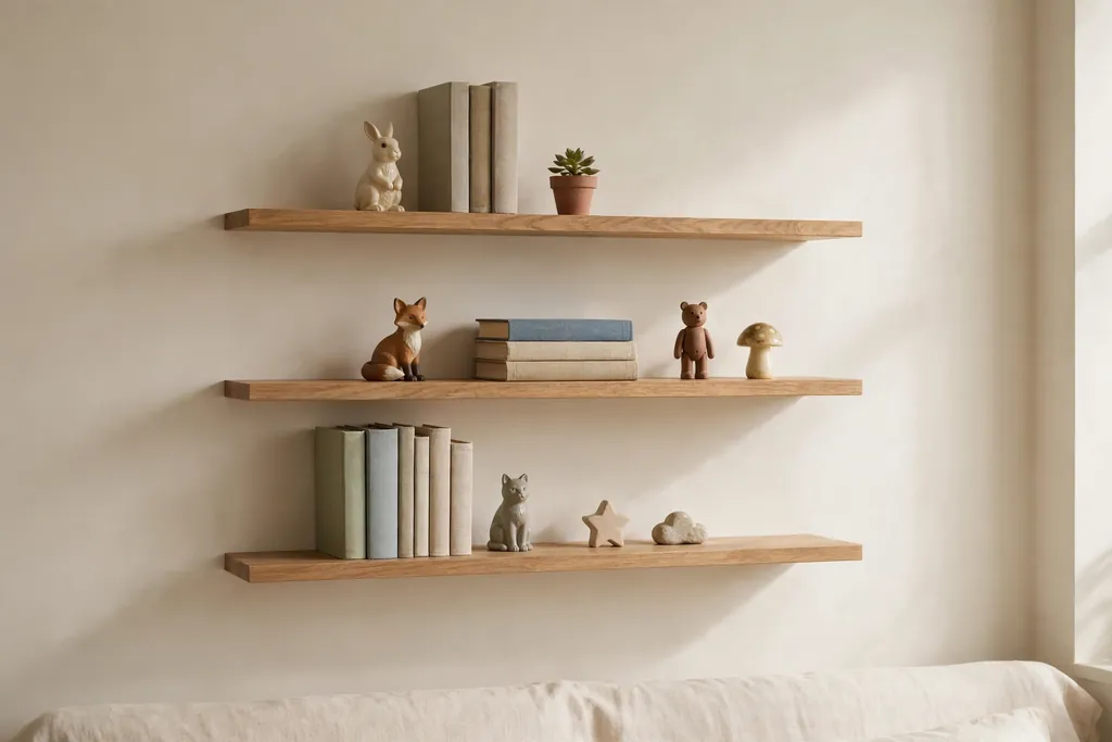 Bedroom wall with floating shelves holding small figures and books..