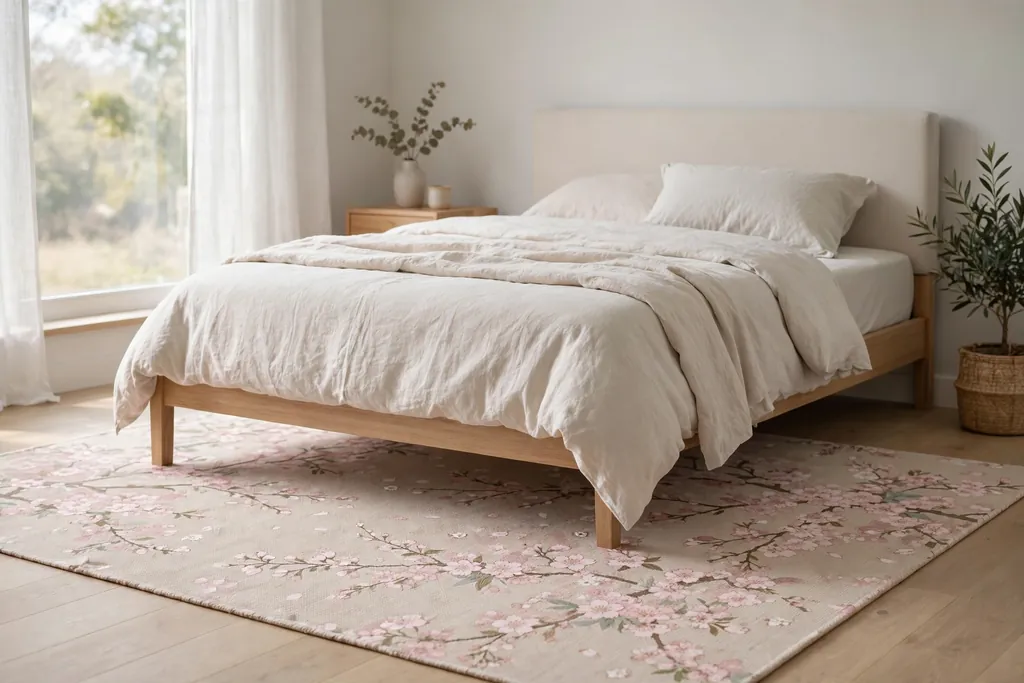 Bedroom with a sakura blossom pattern rug under the lower half of a bed..