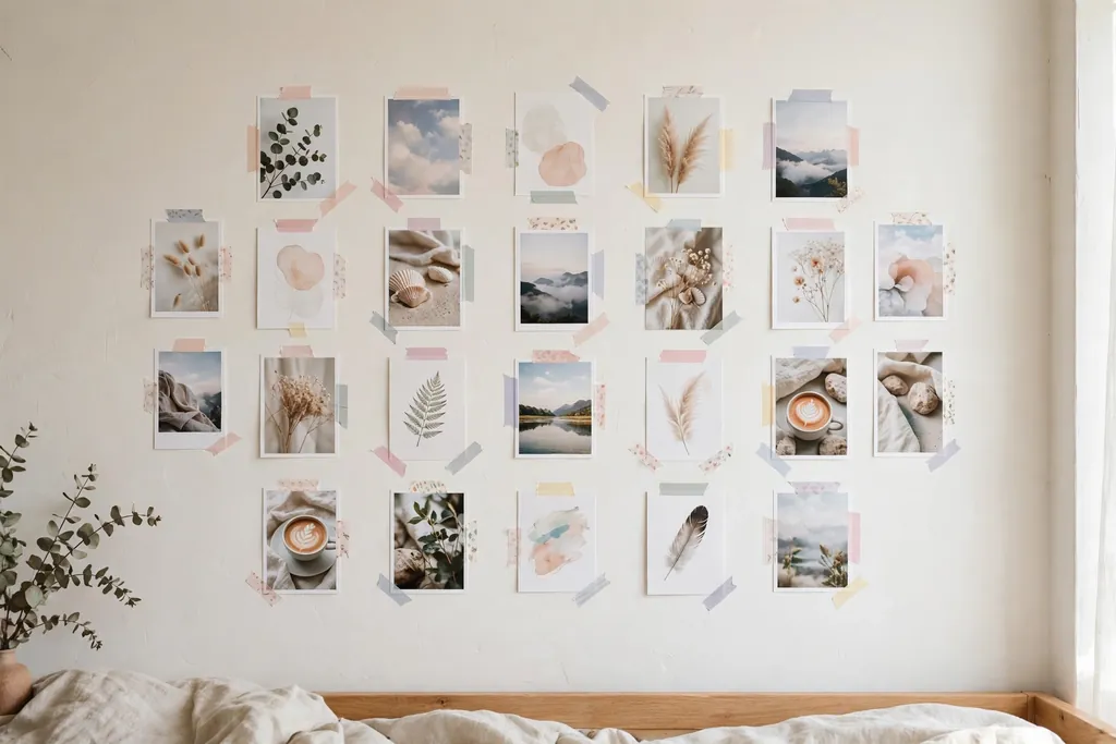 Bedroom wall with small prints and photos taped with pastel washi tape..