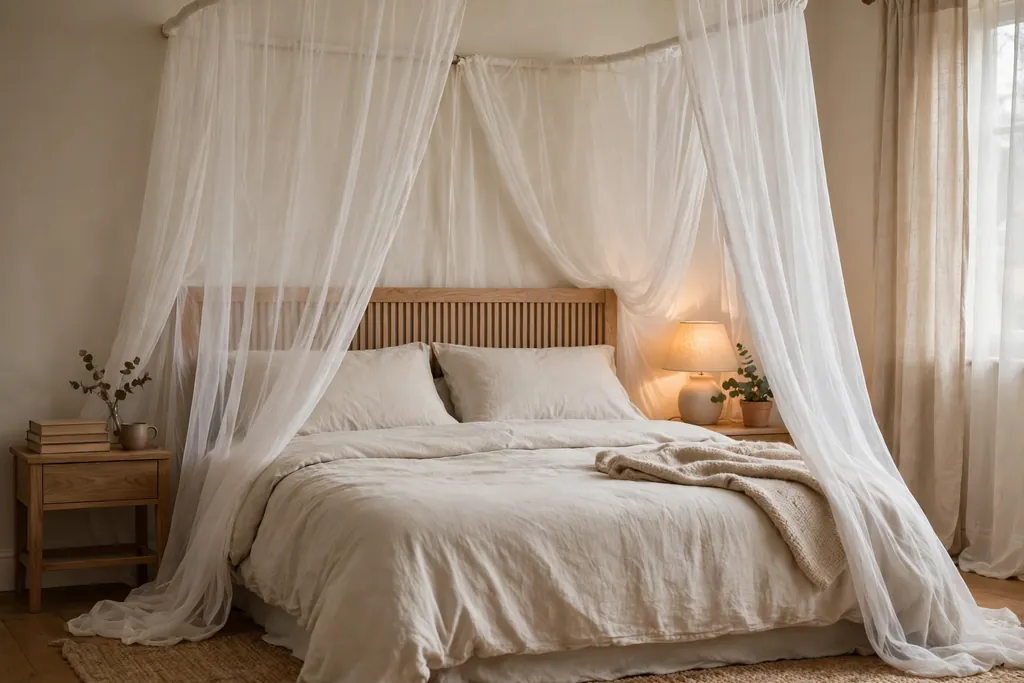 Bed with sheer curtains forming a cozy reading den around the head end..