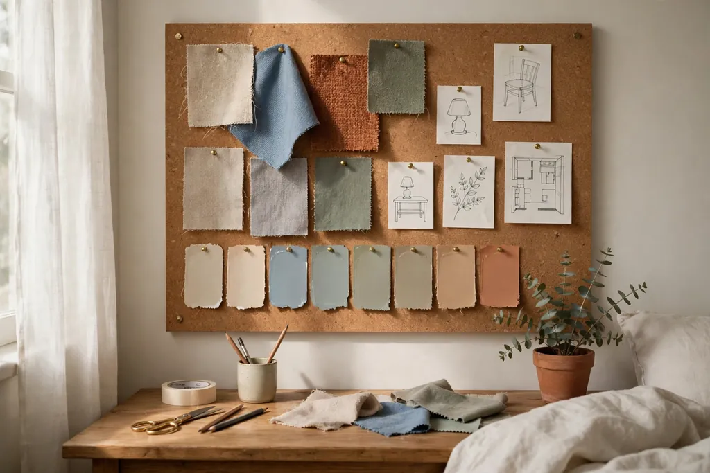 Bedroom corkboard with fabric swatches, paint chips, and small sketches..