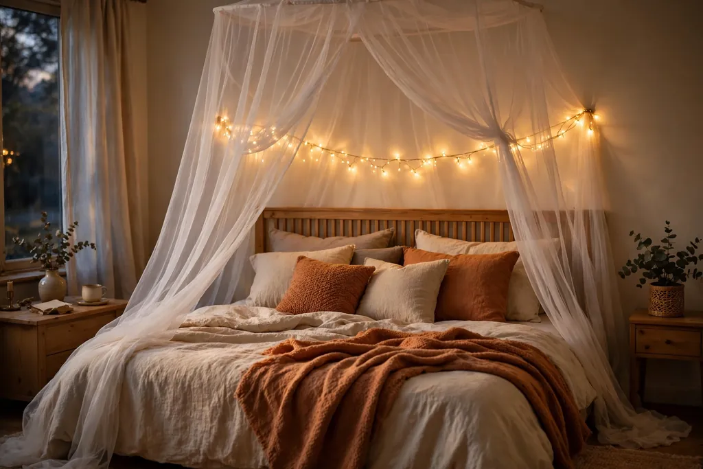 Bed with a sheer canopy and warm fairy lights above the headboard..