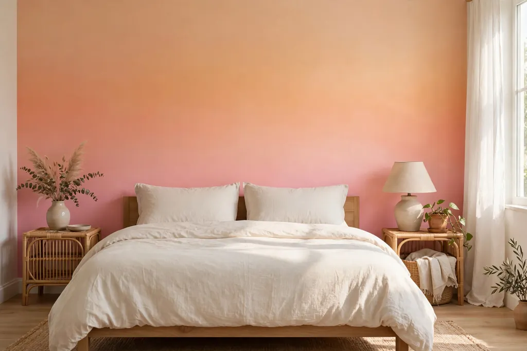 Bedroom wall painted in a sunset gradient from peach to soft pink behind a bed..