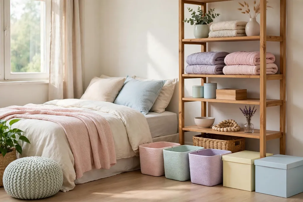 Bedroom with pastel storage baskets and labeled boxes beside a shelf..