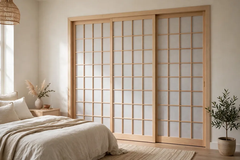 Bedroom closet with shoji style sliding panels in a wood frame..