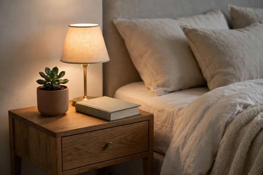 Bedroom nightstand with a small potted plant, a lamp, and a book..