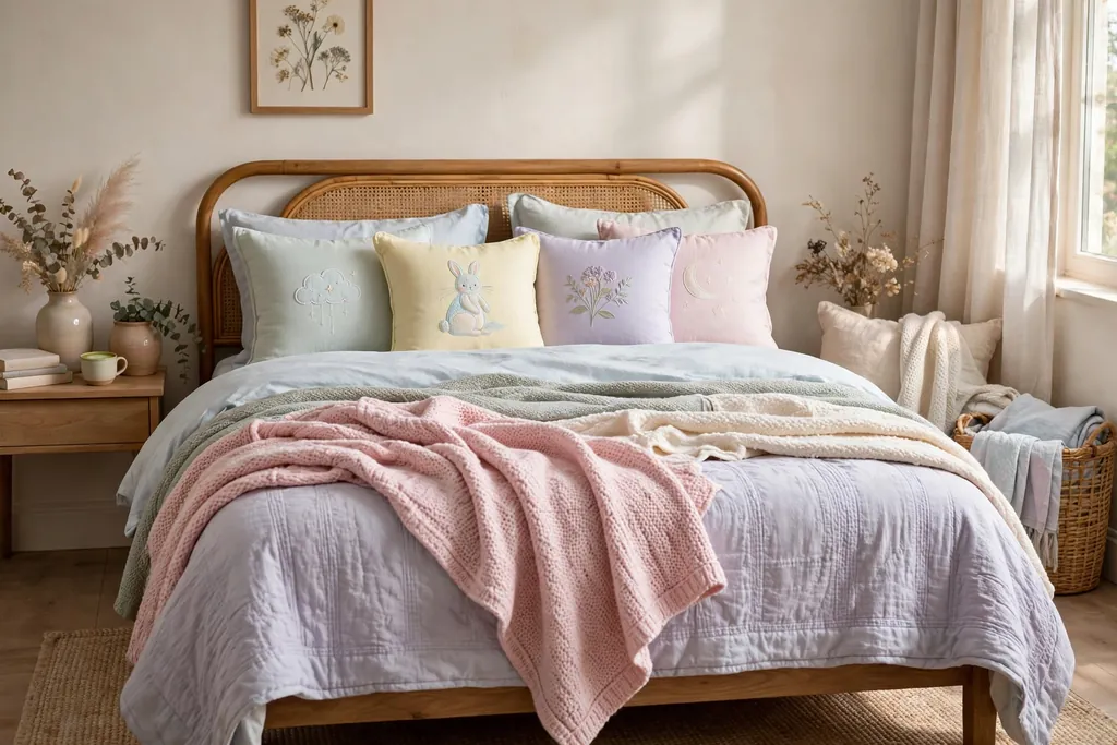 Bed with layered throws and themed cushions in pastel tones..