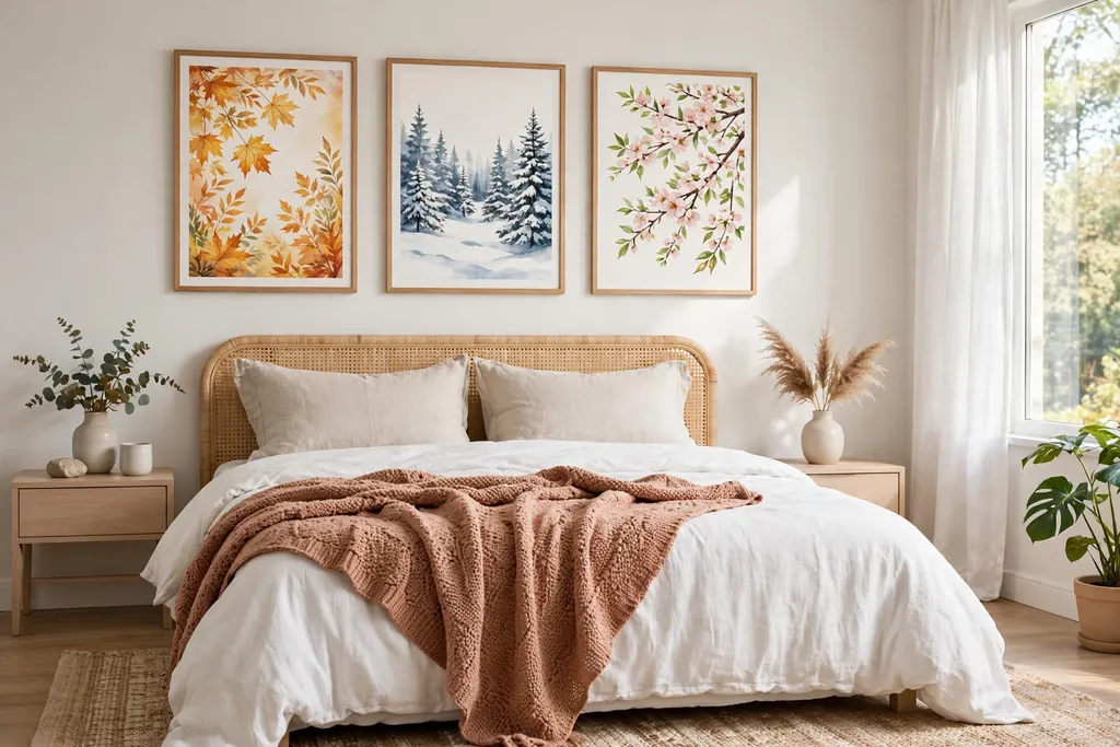 Bedroom with swapped seasonal posters and a fresh throw on the bed..