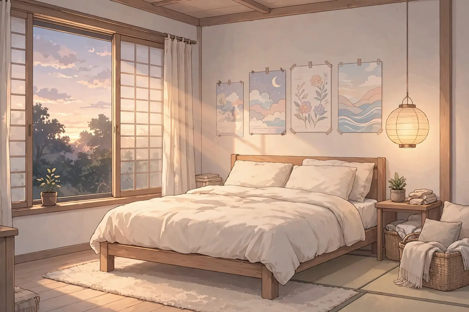 Wide anime inspired bedroom with pastel posters, a low bed, and soft evening light..