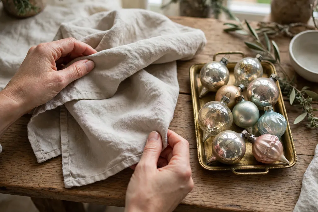 Soft towel work surface prepared beside a tray of antique glass Christmas ornaments.